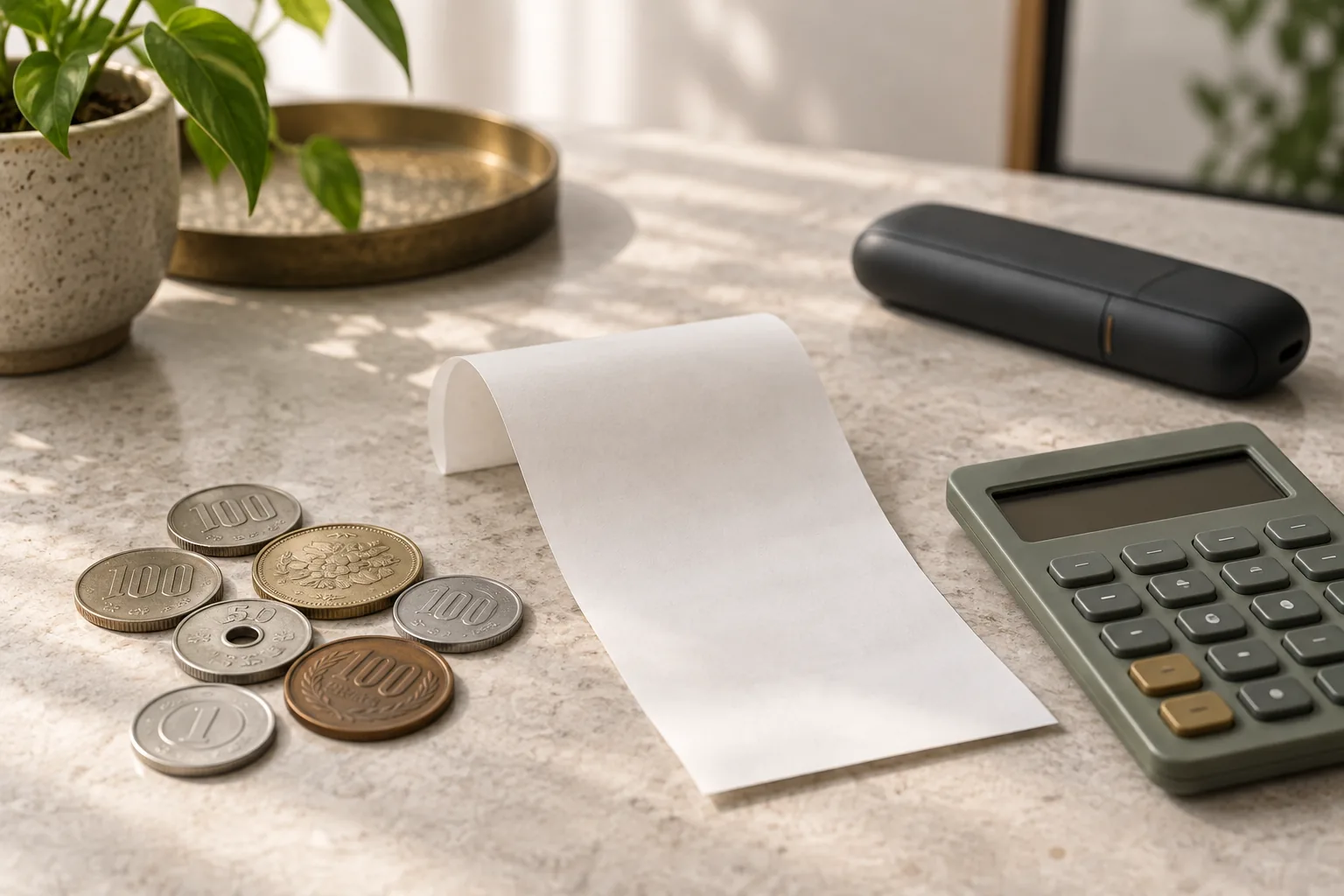 硬貨と電卓、レシート。加熱式たばこの費用を考えるイメージ