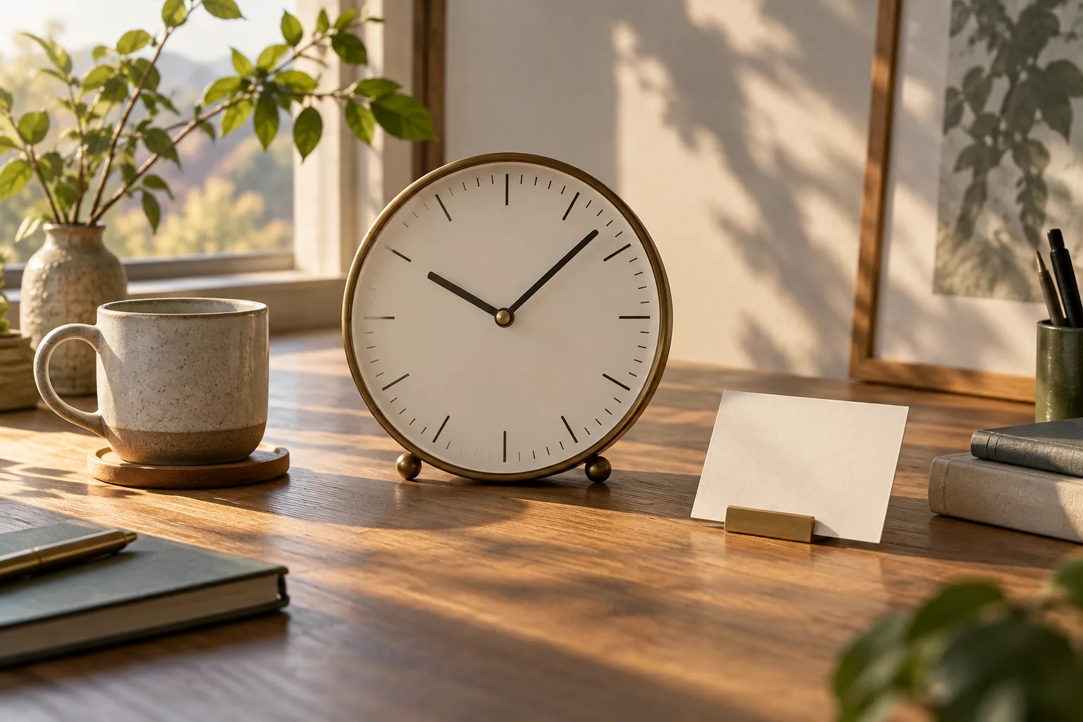 机の上の時計とメモ。次の1本までの時間を意識するイメージ